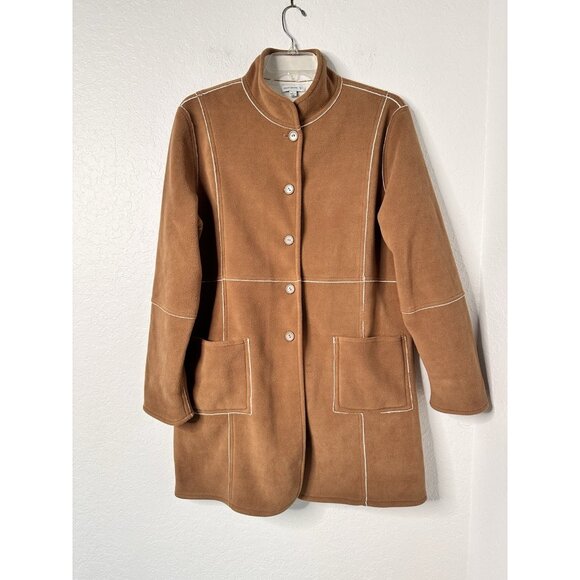 Susan Graver Womens Coat Fleece Sz L Reversible Brown,White Buttons Long Sleeve - Picture 1 of 7